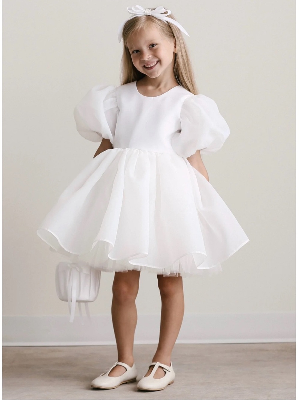 MIAMIA White Puffy Sleeve Flower Girl Dress